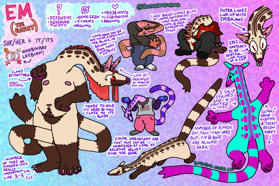 ID: a digitally-drawn reference sheet of my fursona. an information bubble says "em (the genet), she/her & it/its, nonbinary lesbian!". another has a series of symbols, each with a few bullet points underneath: a question mark (defensive, reserved, twisty)